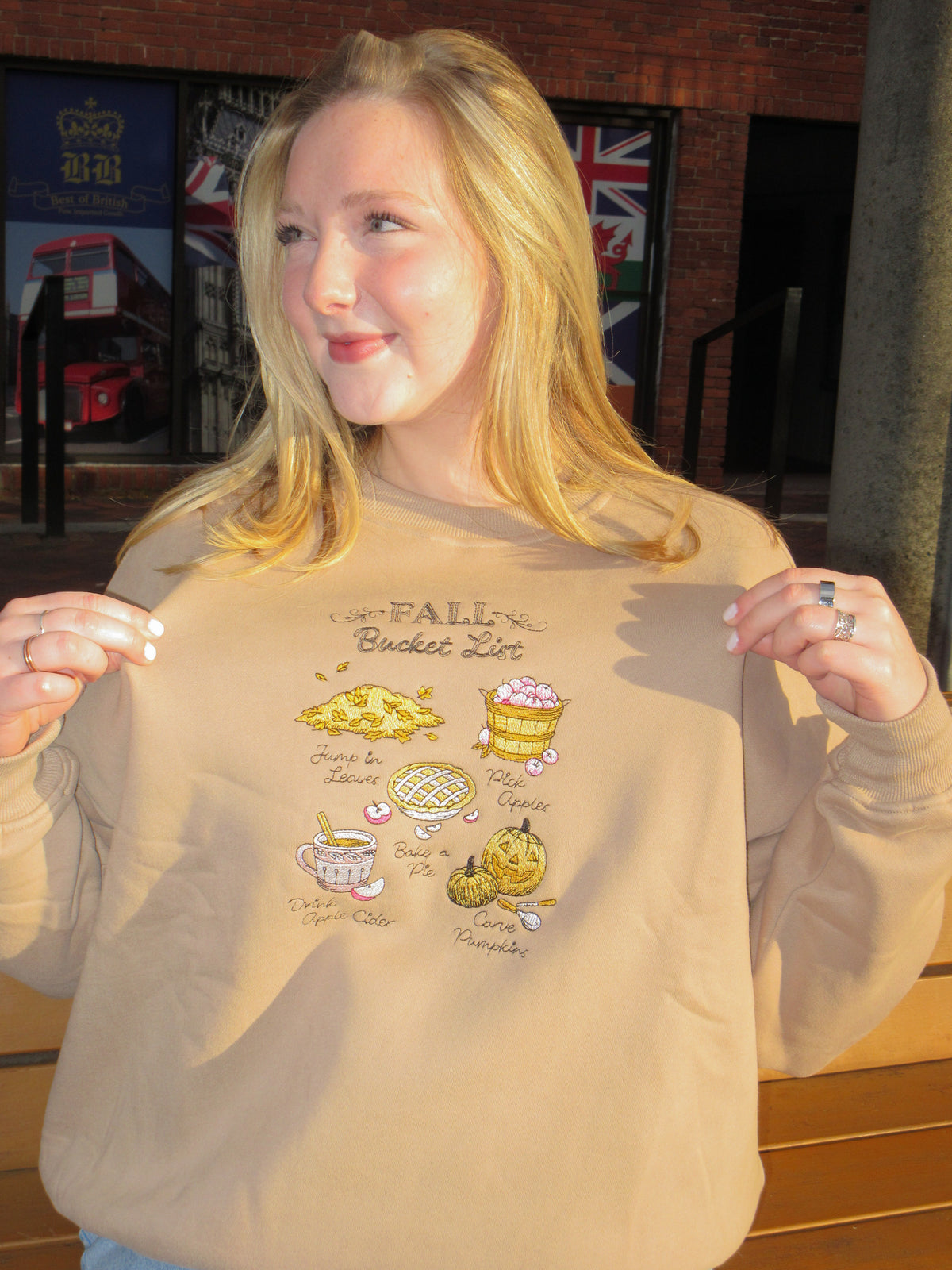 Cappuccino Autumn Bucket List Embroidered Crewneck
