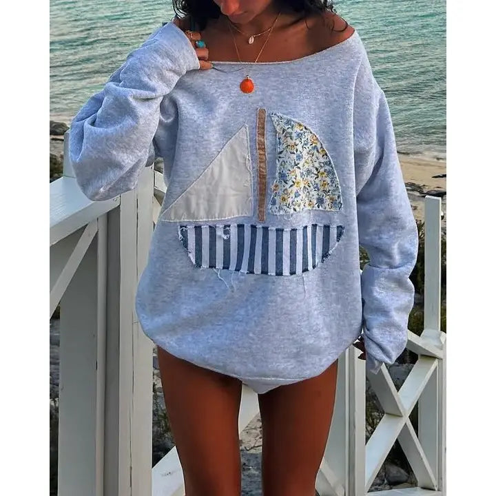 Sailboat Patch Off the Shoulder Sweatshirt